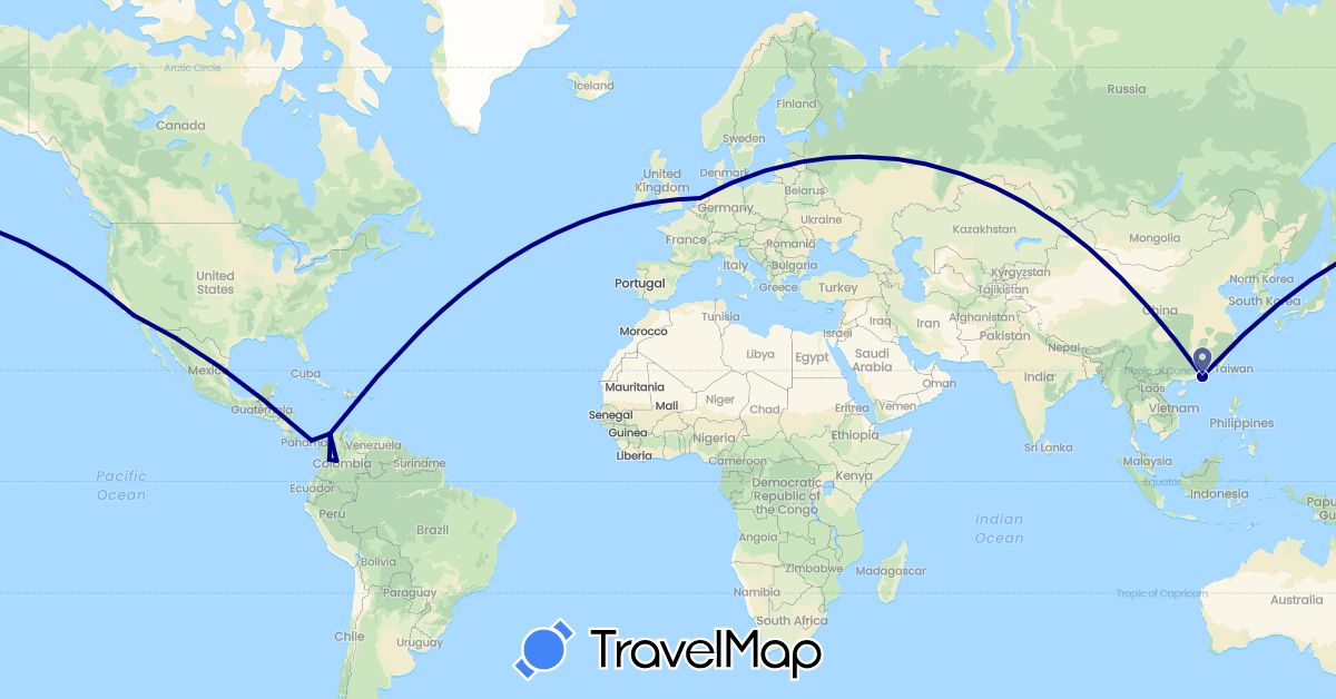 TravelMap itinerary: driving in China, Colombia, Netherlands, Panama, United States (Asia, Europe, North America, South America)
